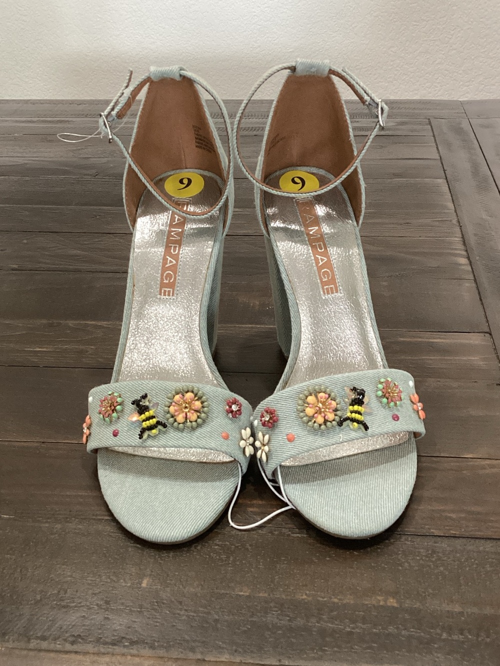 Rampage Mint Blue Floral & Bee Embellished Ankle-Strap‎ Heels